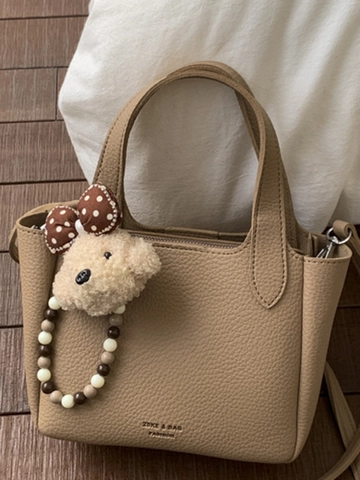 Women Retro Litchi Pattern PU Leather Bucket Bag Minimalist Solid Color Handbag With Plush Pendant Crossbody Shoulder Bag