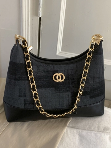 Borsa da Ascella Vintage da Donna in Pelle PU e Tessuto Patchwork Tracolla a Catena alla Moda Elegante Borsa a Tracolla Retro Piccola Quadrata