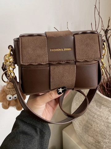 Vintage Woven PU Leather Crossbody Bag For Women Fashion Patchwork Small Square Bag Casual Daily Shoulder Bag With Plush Pendant