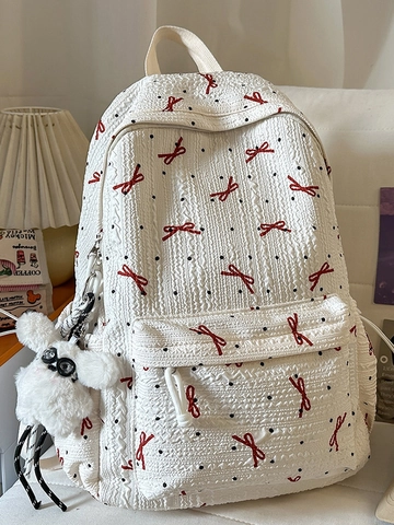 Sac à Dos en Nylon Style Frais Avec Nœud Papillon et Pois pour Femmes Grande Capacité Sac d'École Léger Avec Pendentif