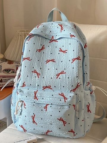 Sac à Dos en Nylon Style Frais Avec Nœud Papillon et Pois pour Femmes Grande Capacité Sac d'École Léger Avec Pendentif