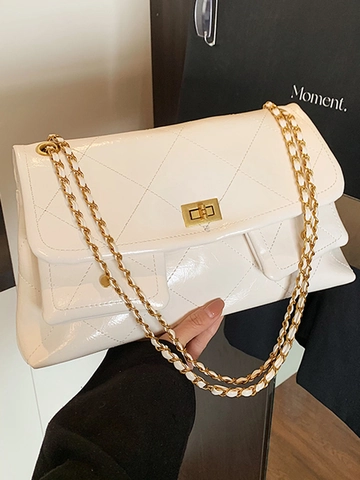 Women Quilted Chain Shoulder Bag Large Capacity PU Leather Crossbody Bag With Gold Square Lock Vintage Commuting Tote Bag