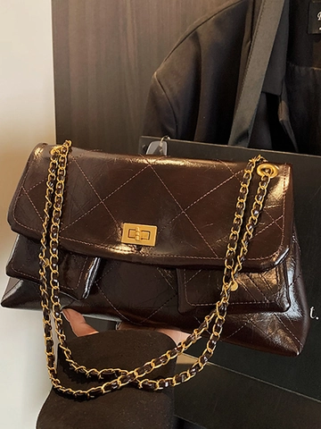 Women Quilted Chain Shoulder Bag Large Capacity PU Leather Crossbody Bag With Gold Square Lock Vintage Commuting Tote Bag