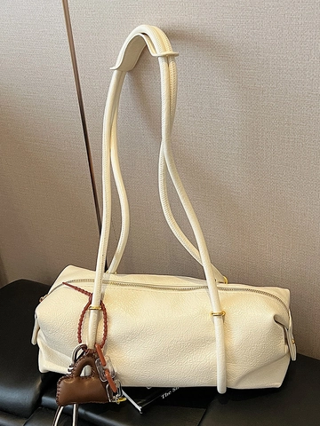 Retro Falten PU Leder Boston Achseltasche Für Damen Minimalistische Zylindrische Schultertasche Mit Mini Taschen Anhänger Handtasche