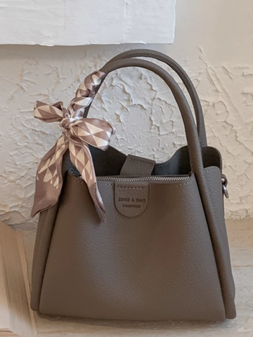 Women Lychee Grain PU Leather Bucket Bag Minimalist Crossbody Shoulder Bag With Silk Scarf Versatile Daily Commuting Handbag