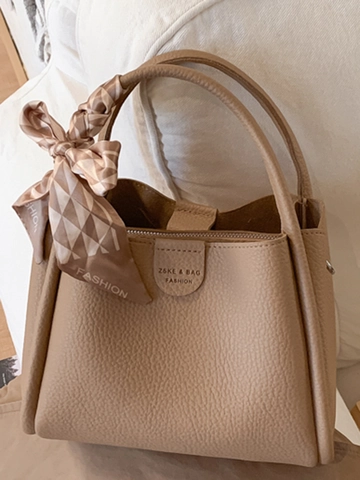 Women Lychee Grain PU Leather Bucket Bag Minimalist Crossbody Shoulder Bag With Silk Scarf Versatile Daily Commuting Handbag