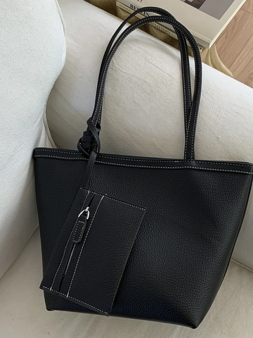 Women Large Capacity Tote Bag Lychee Texture PU Leather Retro Commuter Shoulder Bag Set With Small Pouch Fashion Bag