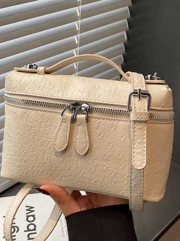 Borsa a Scatola in Pelle PU con Trama di Struzzo Donna Borsa a Tracolla con Doppia Cerniera Manico Superiore Elegante Moda