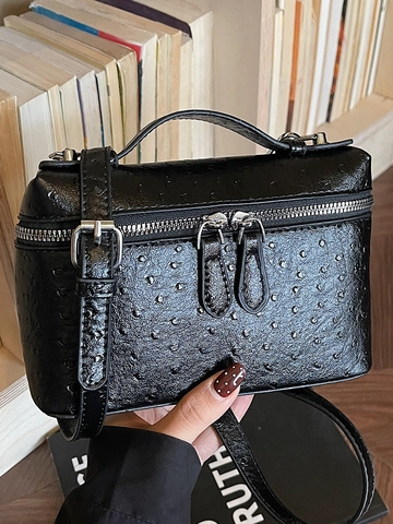 Borsa a Scatola in Pelle PU con Trama di Struzzo Donna Borsa a Tracolla con Doppia Cerniera Manico Superiore Elegante Moda