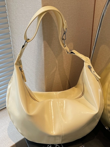 Women Large Capacity Hobo Bag Glossy PU Leather Half Moon Shoulder Bag Trendy Commute Underarm Bag Solid Color Casual Bag