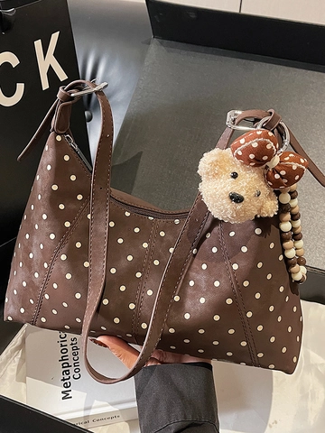 Damen Polka Dot PU Leder Unterarmtasche Retro Große Kapazität Umhängetasche Mit Plüschbär Anhänger Casual Pendler Handtasche