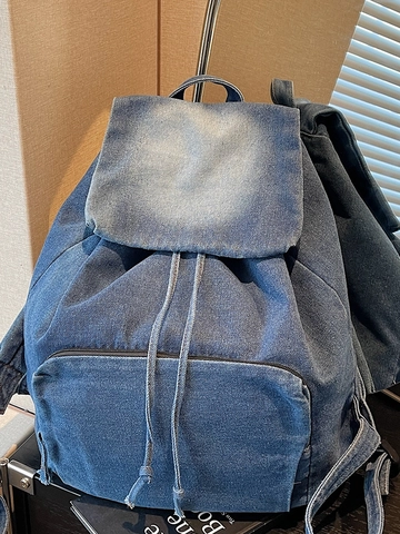 Vintage Denim Backpack Large Capacity Washed Denim Rucksack With Drawstring Flap For Women Casual Travel School Backpack Bag