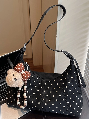 Damen Polka Dot PU Leder Unterarmtasche Retro Große Kapazität Umhängetasche Mit Plüschbär Anhänger Casual Pendler Handtasche