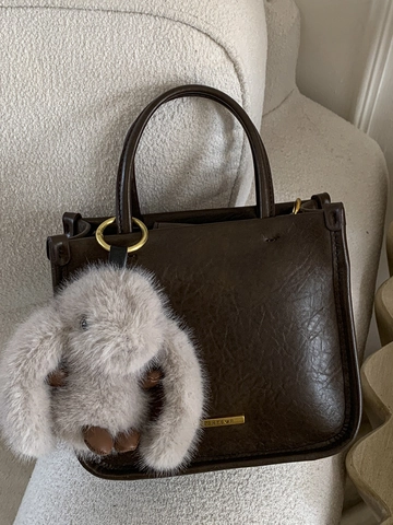 Vintage PU Leather Small Square Crossbody Bag For Women Urban Minimalist Handbag With Plush Rabbit Pendant Adjustable Shoulder Strap