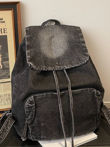 Vintage Denim Backpack Large Capacity Washed Denim Rucksack With Drawstring Flap For Women Casual Travel School Backpack Bag