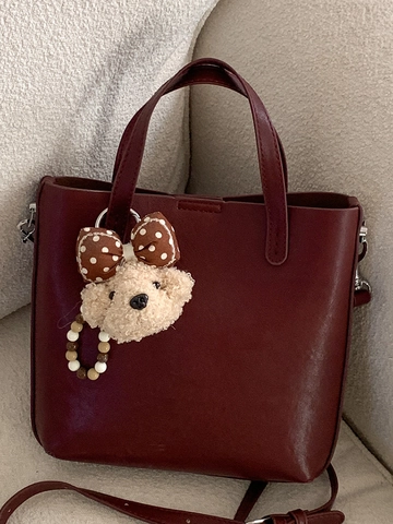 Borsa a Secchiello da Donna in Pelle PU Rétro Borsa a Mano Moda Pendolare Tracolla Versatile Con Ciondolo a Orsetto di Peluche