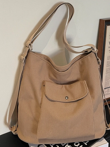 Corduroy Tote Bag For Women Large Capacity Shoulder Bag With Front Pocket Adjustable Strap Casual Urban Minimalist Bag