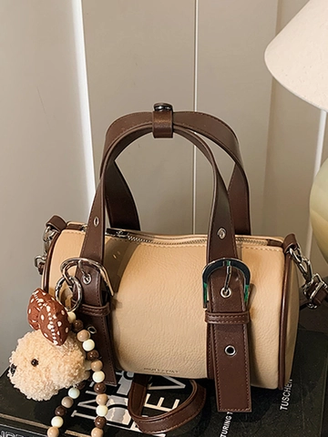 Sac Bowling Vintage pour Femmes Cuir PU Texture Litchi Sac à Bandoulière Cylindrique avec Poignée Supérieure Sac Boston Patchwork Rétro