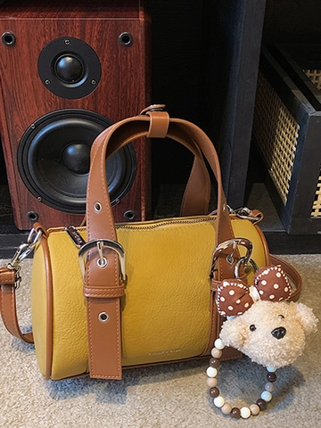 Sac Bowling Vintage pour Femmes Cuir PU Texture Litchi Sac à Bandoulière Cylindrique avec Poignée Supérieure Sac Boston Patchwork Rétro