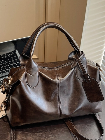 Bolso Tote de Cuero PU Vintage para Mujer Gran Capacidad Urbano Simple Detalle de Costuras Bolso de Hombro Color Sólido