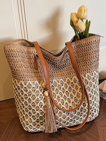 Bolso Tote de Paja Tejida para Mujer Gran Capacidad Bloque de Color Empalme Bolso de Hombro Con Colgante de Borla Bolso de Playa