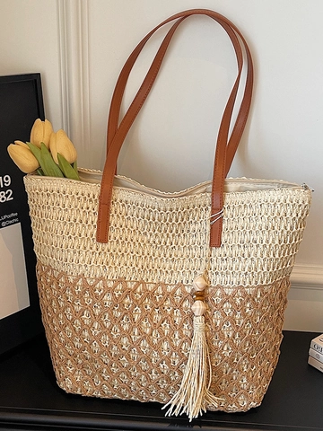 Bolso Tote de Paja Tejida para Mujer Gran Capacidad Bloque de Color Empalme Bolso de Hombro Con Colgante de Borla Bolso de Playa