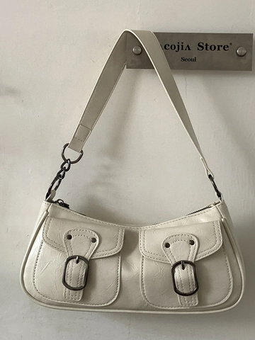 Women Vintage PU Leather Underarm Bag Double Pocket Small Square Shoulder Bag Retro Y2K Commuter Handbag Fashion Purse