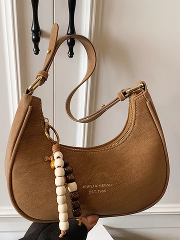 Borsa a Spalla Mezza Luna in Pelle PU Vintage per Donna Borsa Hobo Minimalista Con Ciondolo in Perline di Legno Borsa a Tracolla