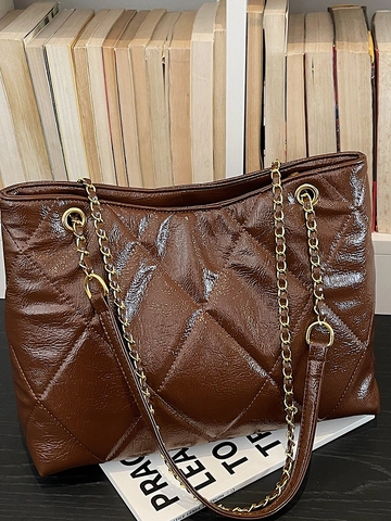 Damen Große Kapazität Gesteppte Tote Tasche Glänzend PU Leder Rautenmuster Gold Kette Schulter Umhängetasche Mode Handtasche