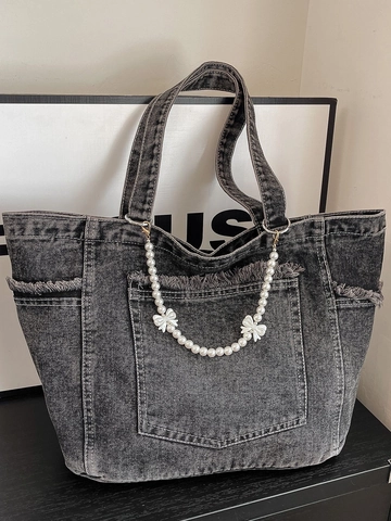 Borsa Tote in Tela Denim Grande Capacità da Donna Con Catena di Perle Artificiali Lavata Bordo Sfrangiato Borsa a Spalla