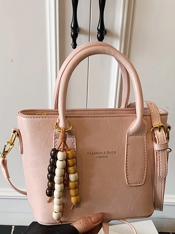 Damen Minimalistisch PU Leder Beuteltasche Kontrastnähte Holzperlen Anhänger Schultertasche Handtasche Umhängetasche Pendler Tasche