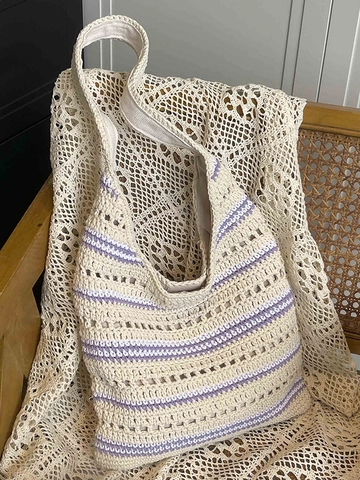 Damen Gewebte Stroh Einkaufstasche Große Kapazität Aushöhlen Gestreifte Schultertasche Casual Sommer Strand Urlaub Handtasche