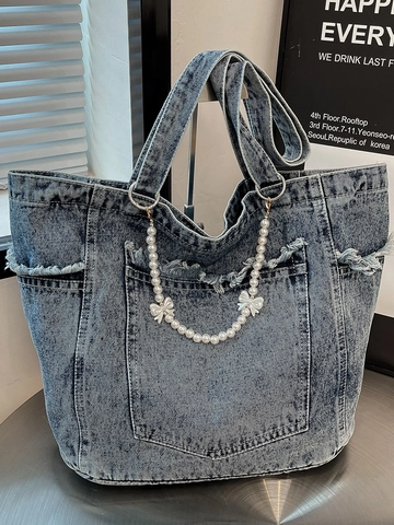 Borsa Tote in Tela Denim Grande Capacità da Donna Con Catena di Perle Artificiali Lavata Bordo Sfrangiato Borsa a Spalla
