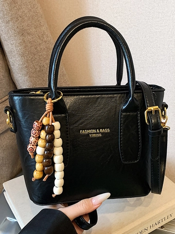 Damen Minimalistisch PU Leder Beuteltasche Kontrastnähte Holzperlen Anhänger Schultertasche Handtasche Umhängetasche Pendler Tasche