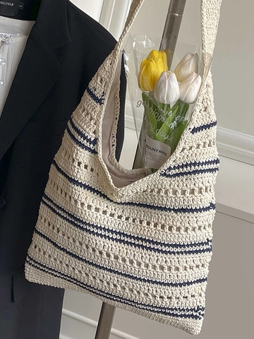 Damen Gewebte Stroh Einkaufstasche Große Kapazität Aushöhlen Gestreifte Schultertasche Casual Sommer Strand Urlaub Handtasche