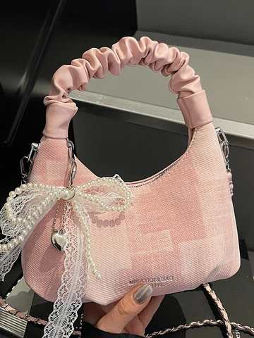 Borsa Dumpling da Donna Fashion Manico a Pieghe Fiocco in Pizzo Ciondolo Perla Borsa a Tracolla Hobo Urban Style Borsa a Mano