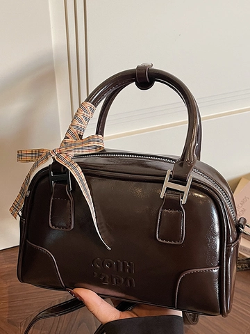 Sac Boston Rétro en Cuir PU pour Femmes Élégant Sac à Main Bandoulière de Trajet Avec Foulard à Carreaux Pochette Femme Chic