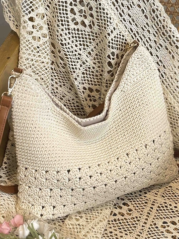 Damen Casual Handgefertigte Gewebte Stroh Tragetasche Hollow Out Design Große Kapazität Umhängetasche Für Strand Urlaub Mode