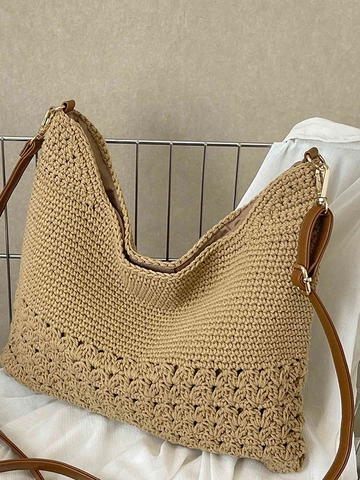 Damen Casual Handgefertigte Gewebte Stroh Tragetasche Hollow Out Design Große Kapazität Umhängetasche Für Strand Urlaub Mode