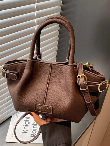 Sac Bucket Femme à la Mode en Similicuir PU Grainé Grande Capacité Couleur Unie Sac à Bandoulière avec Sangle Amovible Main