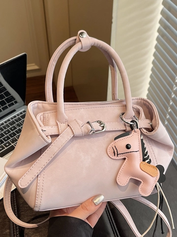 Bolso de Cubo de Cuero PU para Mujer Bolso de Hombro Cruzado Minimalista Con Colgante de Caballo Bolso de Mano para Mujer