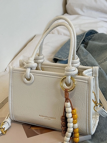 Women Korean Style Crinkled PU Leather Crossbody Small Square Bag With Beaded Tassel Minimalist Handbag Shoulder Bag