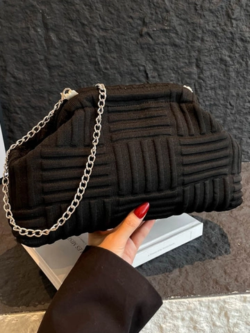 Borsa a Tracolla Donna Nuvola Intrecciata in Maglia Morbida a Pieghe con Motivo a Diamante e Catena in Metallo Grande Capacità Casual