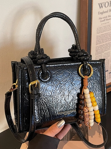 Women Korean Style Crinkled PU Leather Crossbody Small Square Bag With Beaded Tassel Minimalist Handbag Shoulder Bag