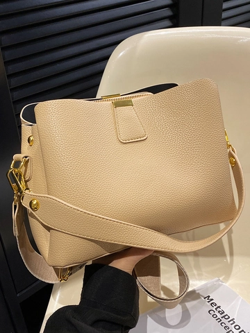 Damen Stilvolle Litschitextur PU Leder Eimertasche Minimalistische Crossbody Umhängetasche Mit Breitem Riemen Gold Hardware