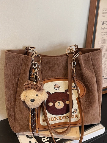 Borsa Tote da Donna in Velluto a Coste Vintage Marrone Stile Preppy Grande Capacità Borsa a Spalla Con Ricamo Orso Peluche