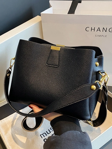 Damen Stilvolle Litschitextur PU Leder Eimertasche Minimalistische Crossbody Umhängetasche Mit Breitem Riemen Gold Hardware