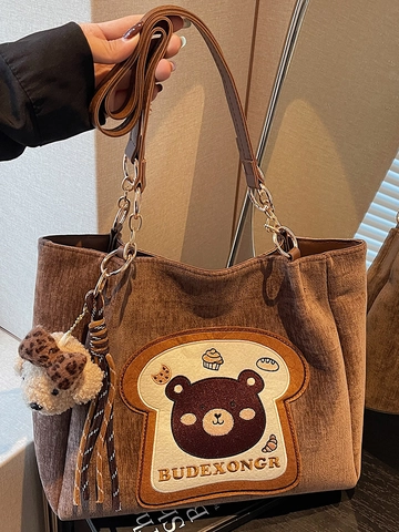 Borsa Tote da Donna in Velluto a Coste Vintage Marrone Stile Preppy Grande Capacità Borsa a Spalla Con Ricamo Orso Peluche