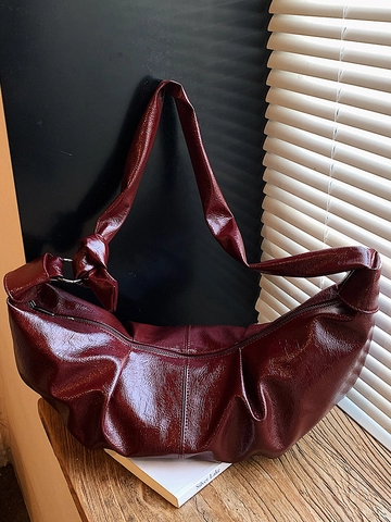 Grote Capaciteit Glanzende PU Leer Geplooid Hobo Schoudertas Voor Vrouwen Retro Knoop Riem Okseltas Casual Dumpling Tote