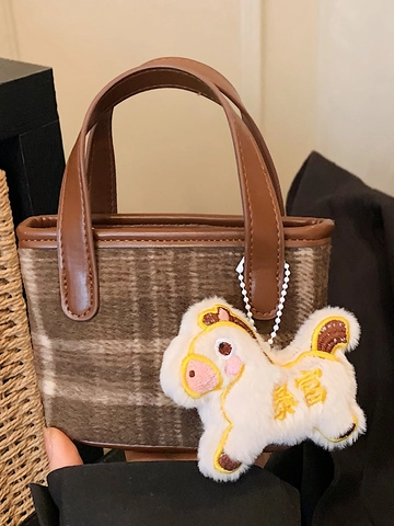 Sac Carré Plaid pour Femmes PU Épissage Laineux Tote Crossbody Bag Avec Charme de Cheval en Peluche Sac à Main Mode Coréenne